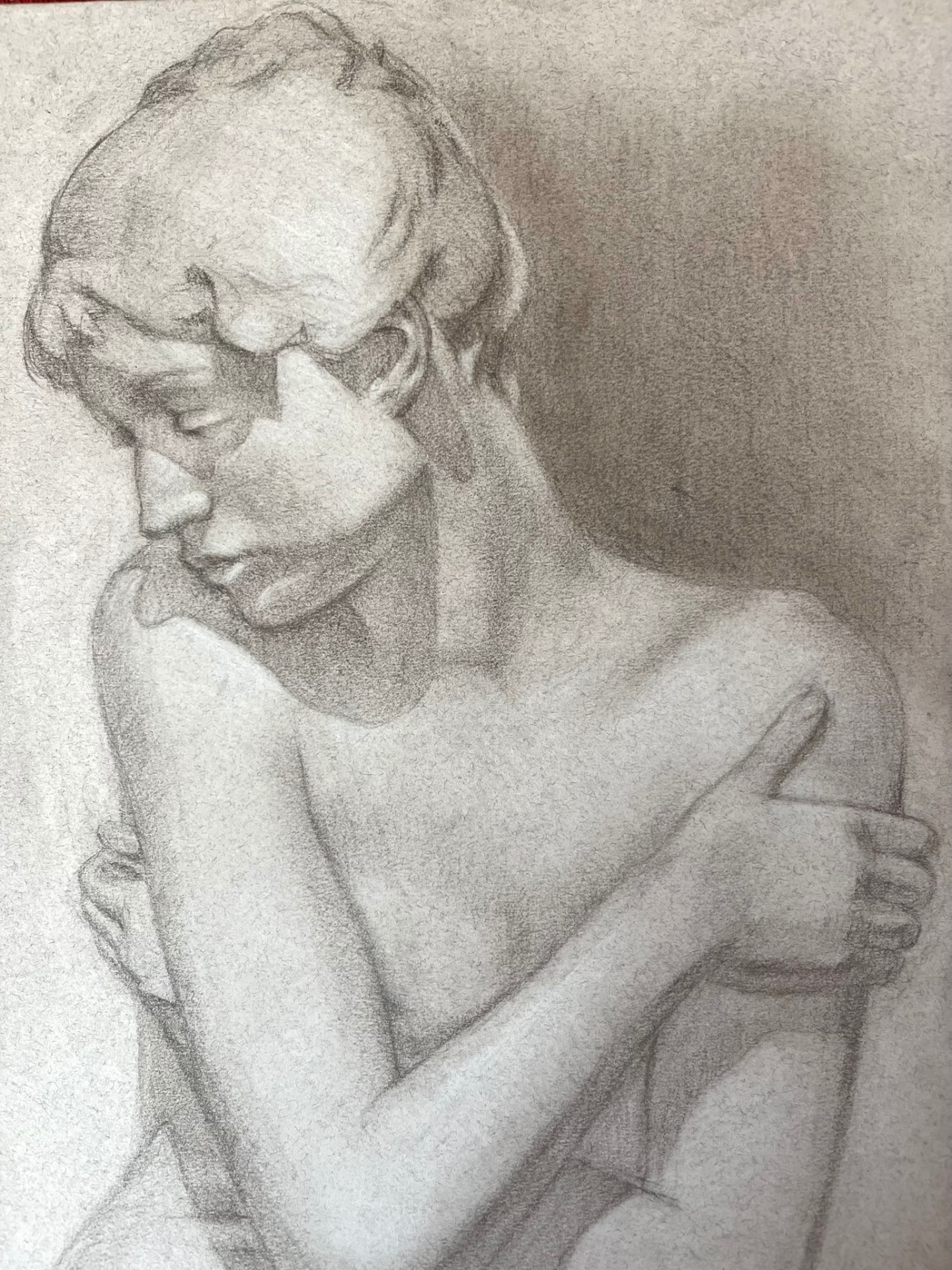 Pensive, Bare Shoulder — Graphite on toned paper, 30 × 40 cm