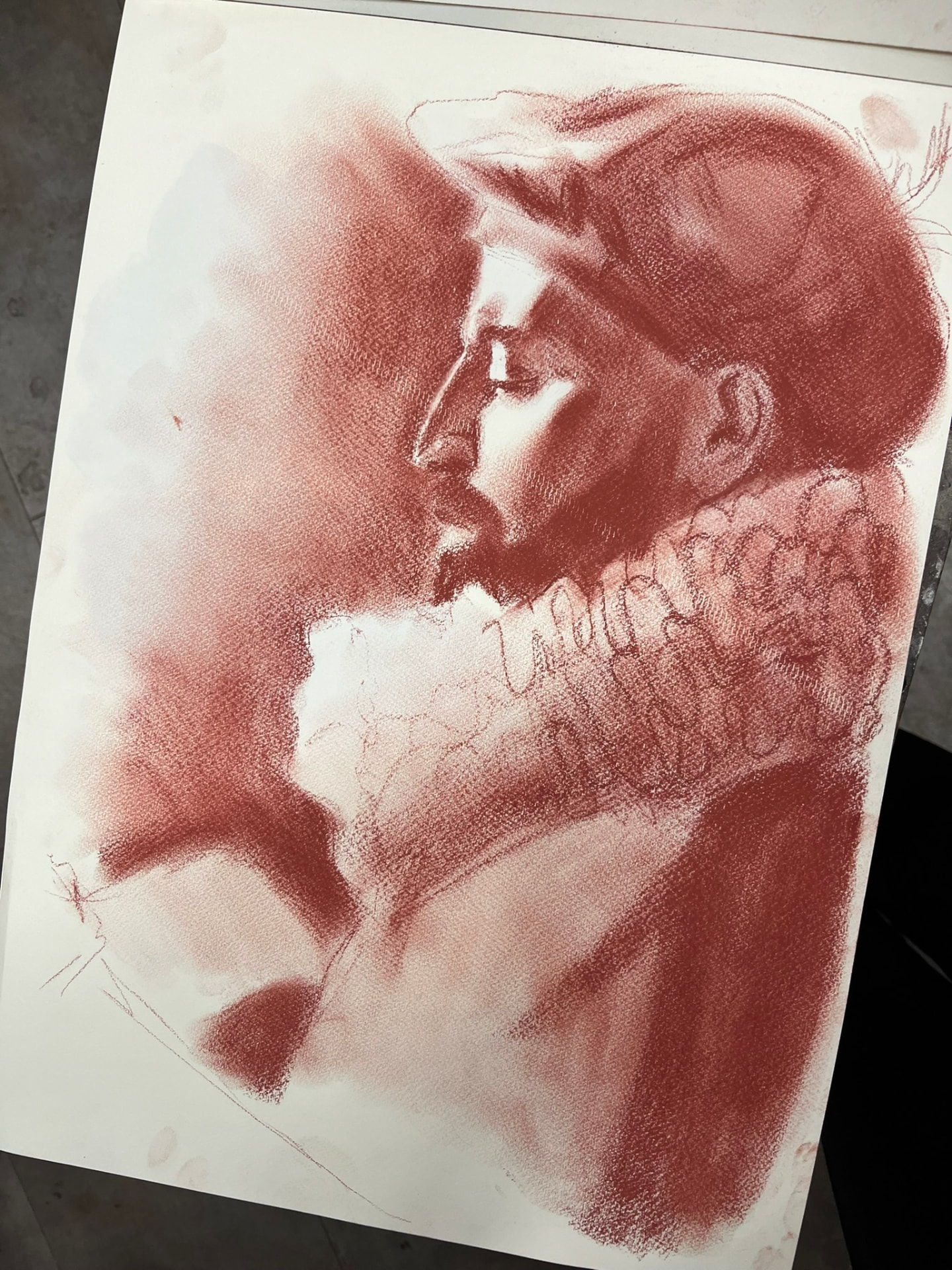 Profile in Red Chalk — Red chalk on paper, 40 × 50 cm