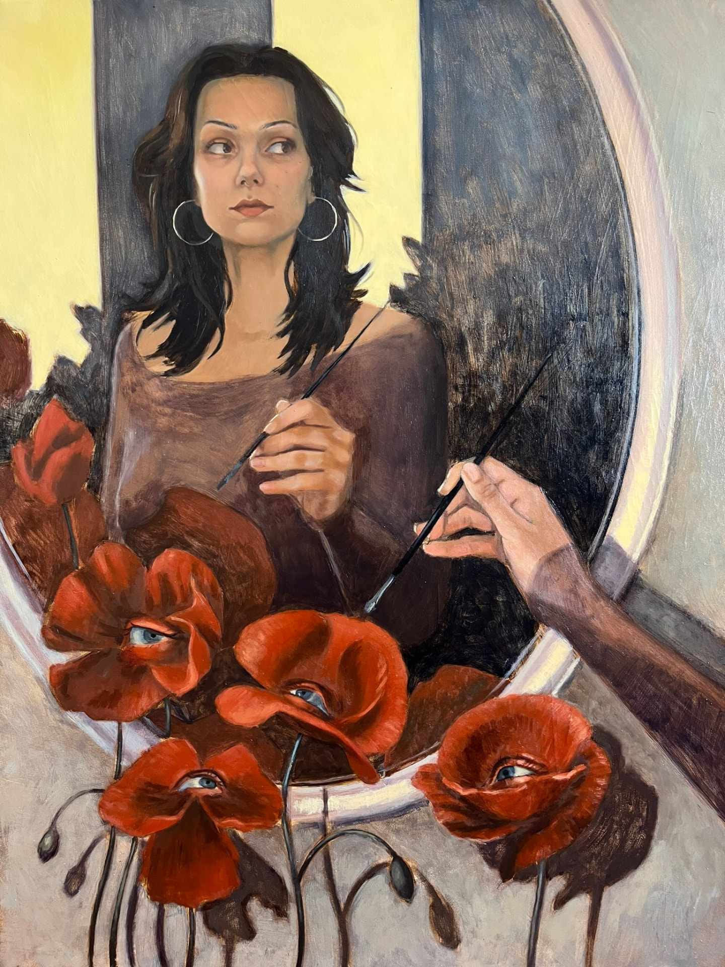 Self-Portrait with Watching Poppies — Oil on linen