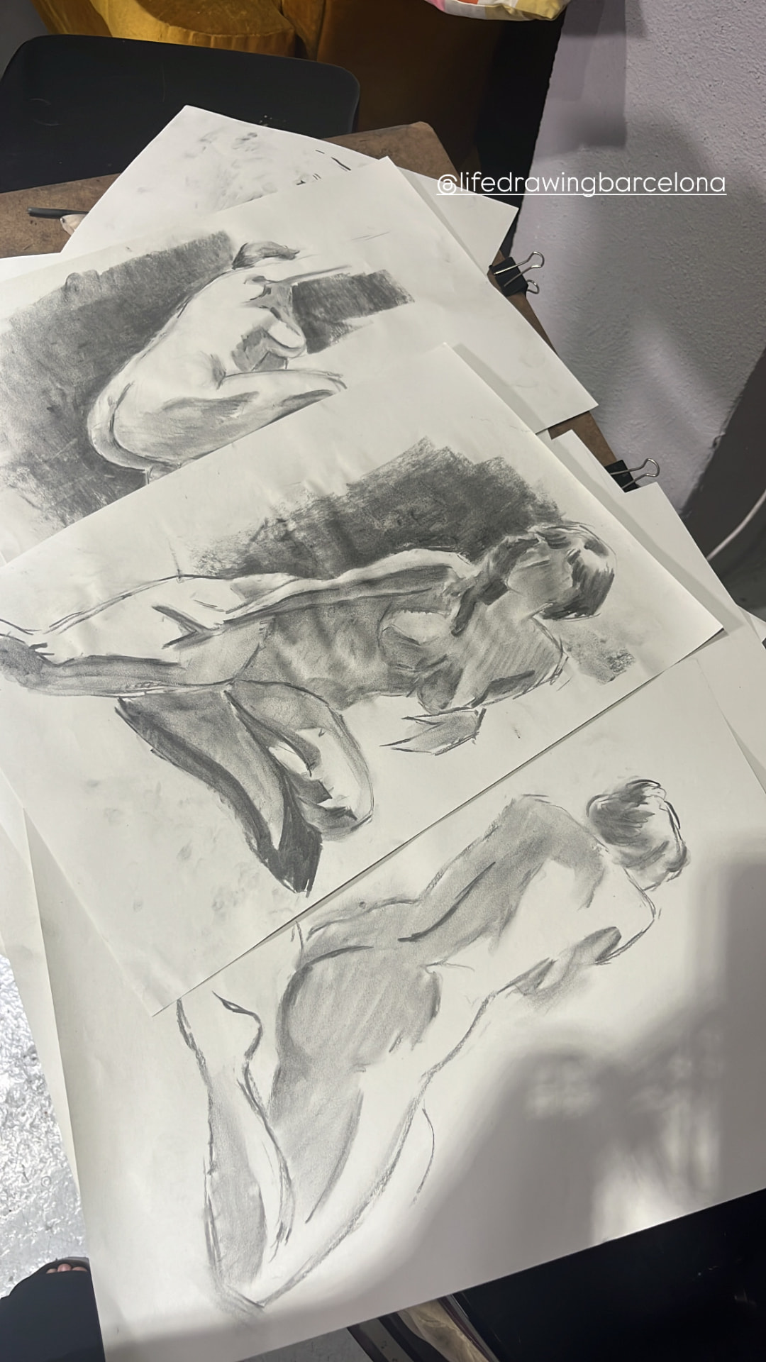 Barcelona Life Studies — Charcoal on paper (suite of three), 50 × 70 cm each