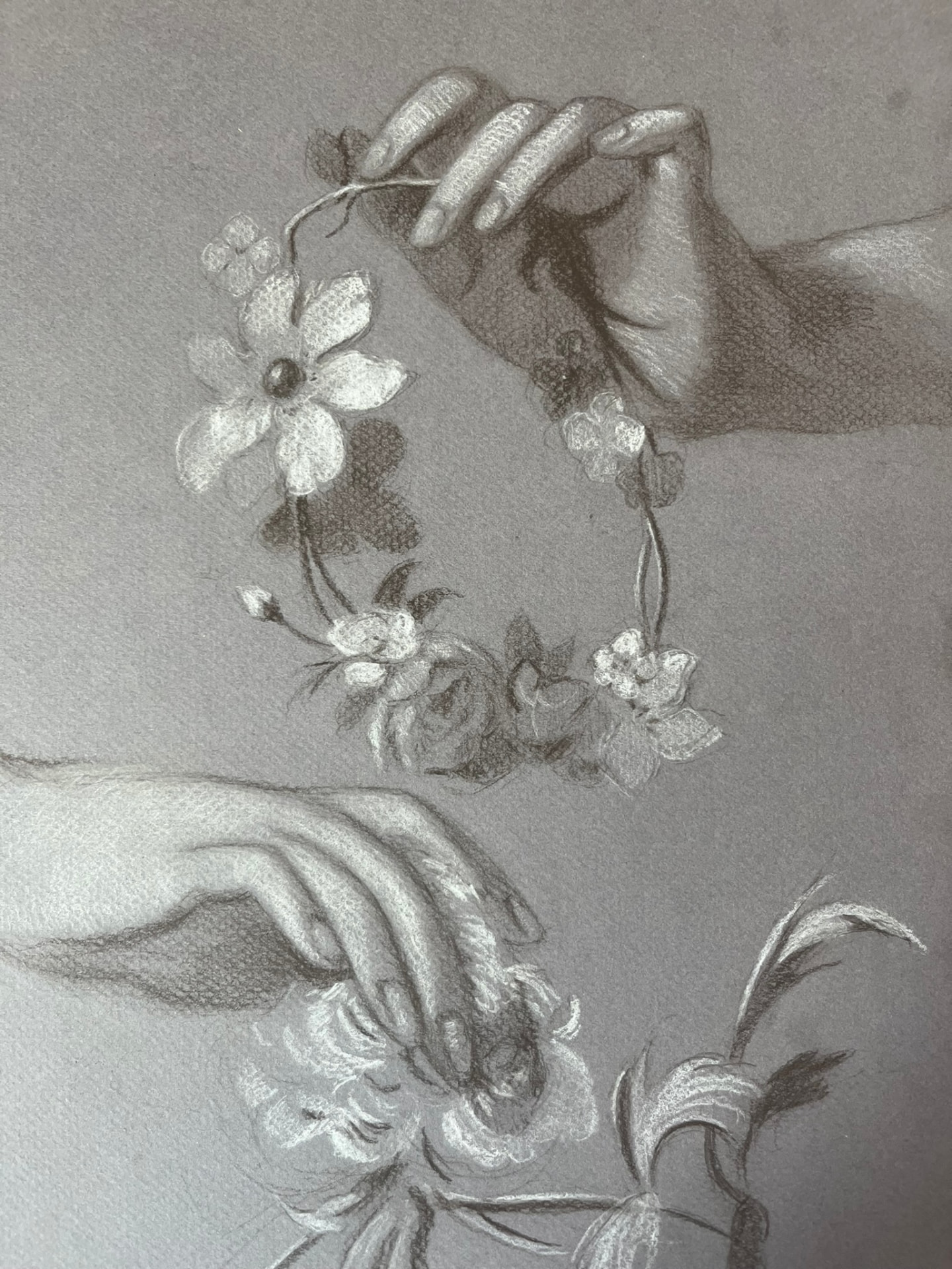 Study of Hands with Garland — Chalk and graphite on toned paper, 40 × 50 cm