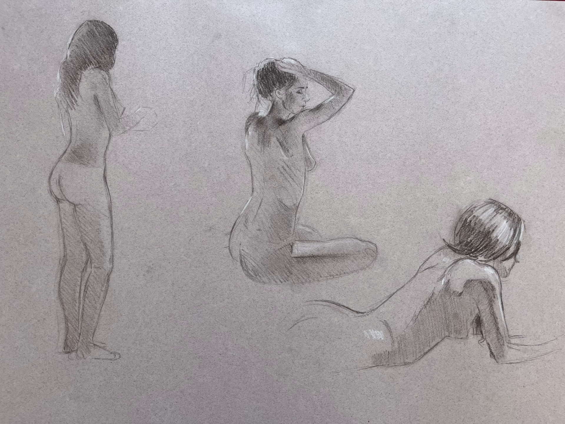 Three Nudes, Toned Paper — Charcoal and chalk on toned paper, 50 × 70 cm