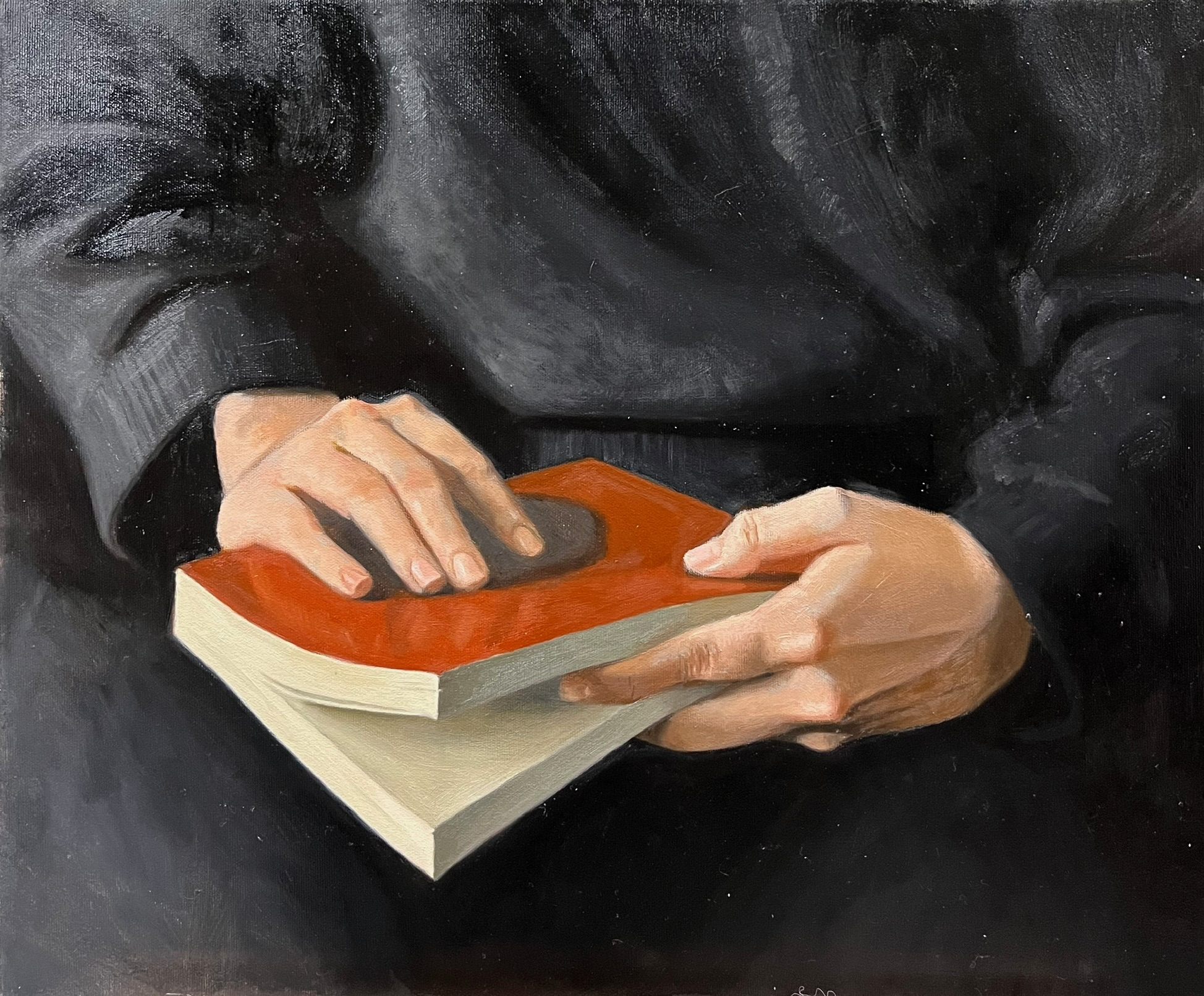 Hands and the Red Book — Oil on linen, 50 × 60 cm