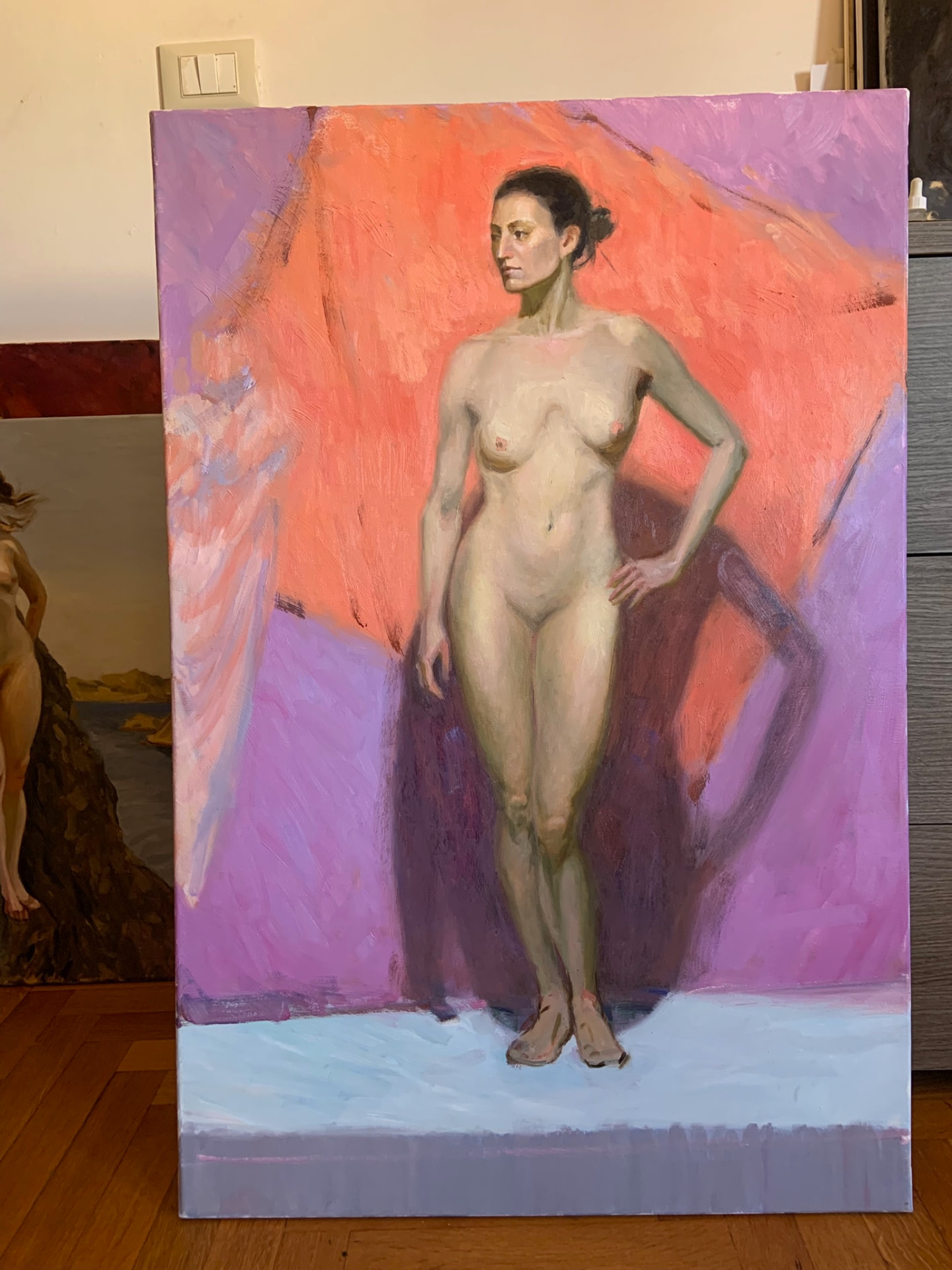 Full Figure Study in Pink — Oil on cotton canvas, 90 × 60 cm