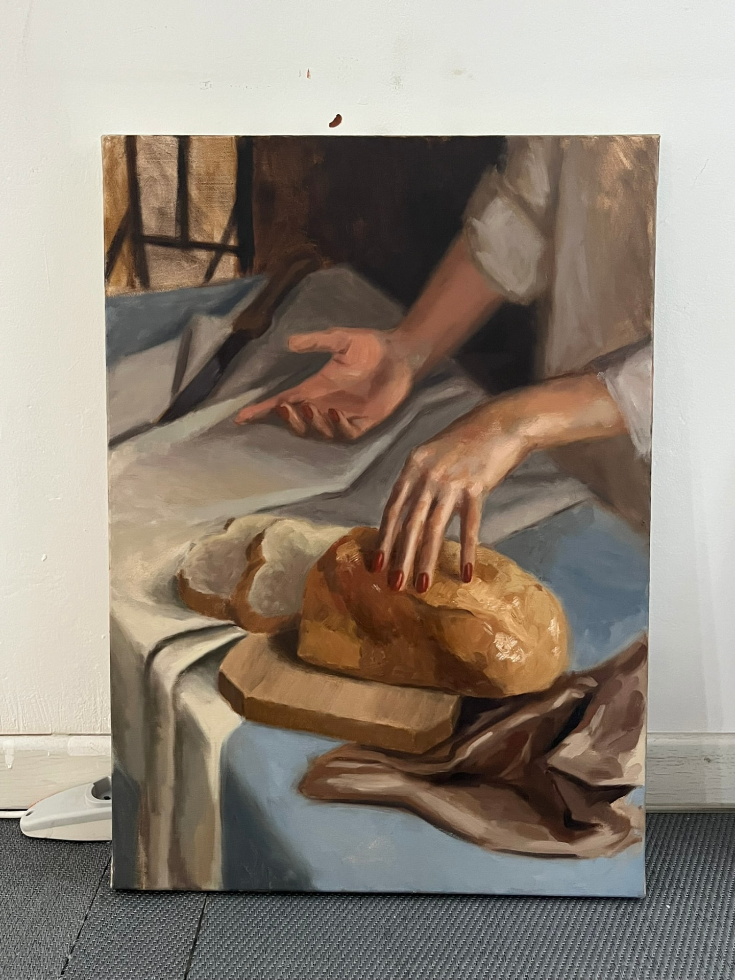 Hands Kneading Bread — Oil on panel, 40 × 40 cm
