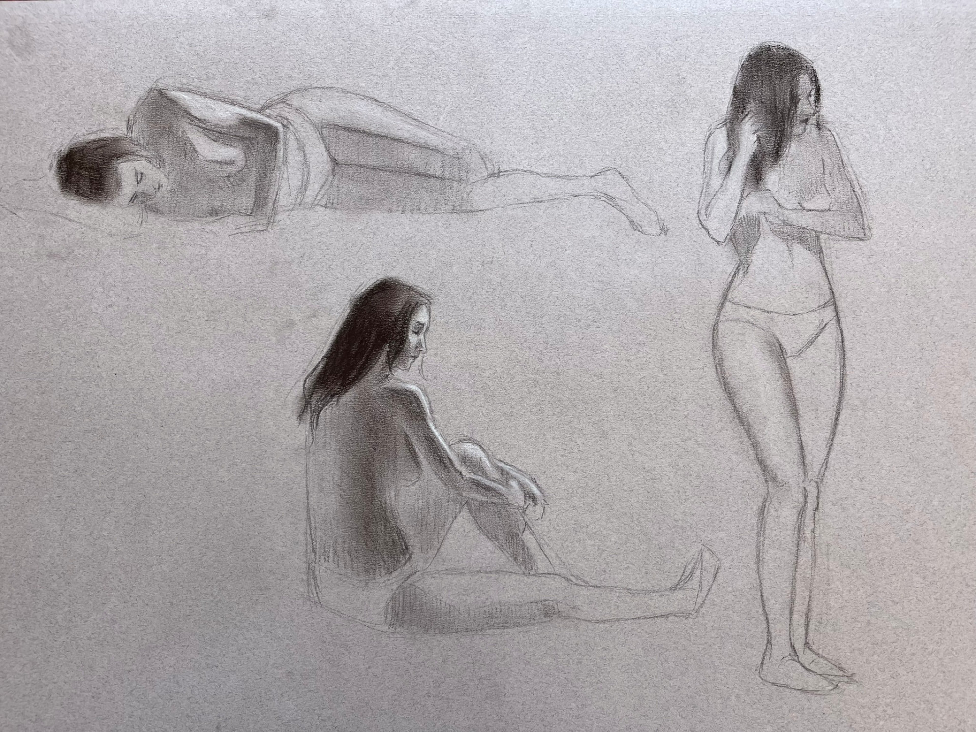 Figures at Rest — Charcoal and chalk on toned paper, 50 × 70 cm